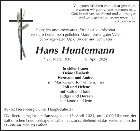 Traueranzeige von Hans Huntemann von Neue Osnabrücker Zeitung GmbH & Co. KG