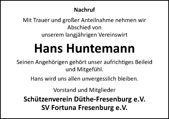 Traueranzeige von Hans Huntemann von Neue Osnabrücker Zeitung GmbH & Co. KG