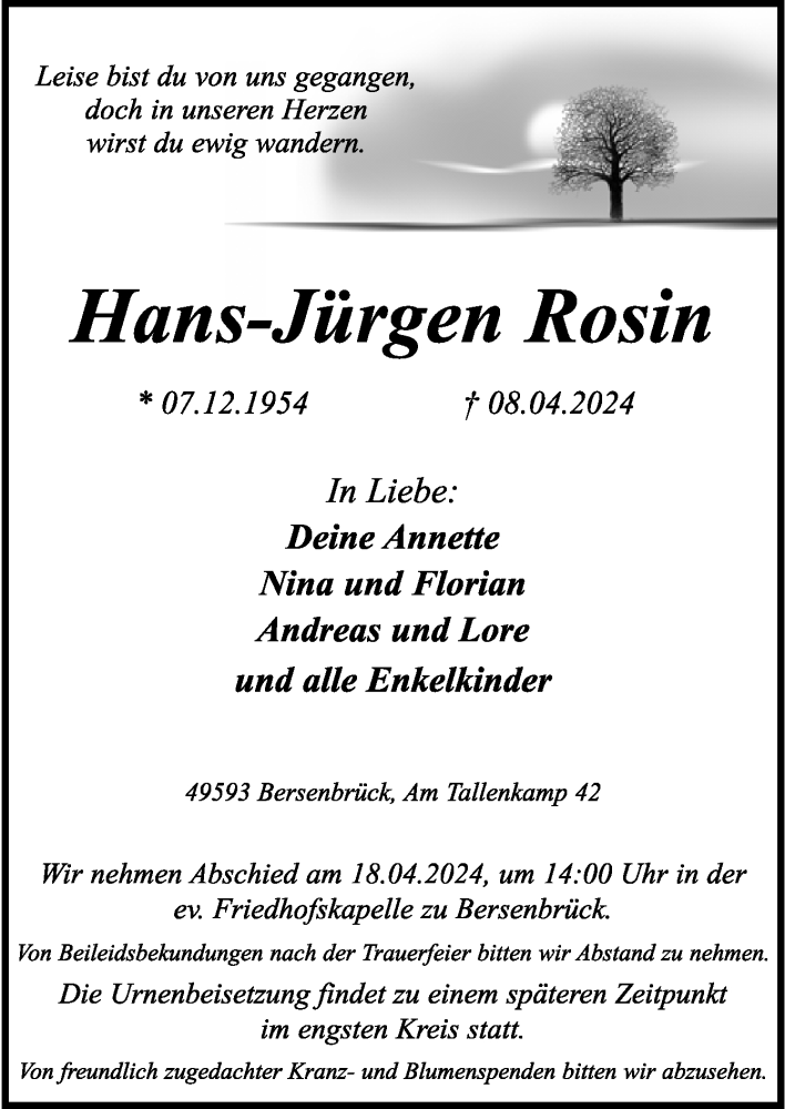  Traueranzeige für Hans-Jürgen Rosin vom 13.04.2024 aus Neue Osnabrücker Zeitung GmbH & Co. KG