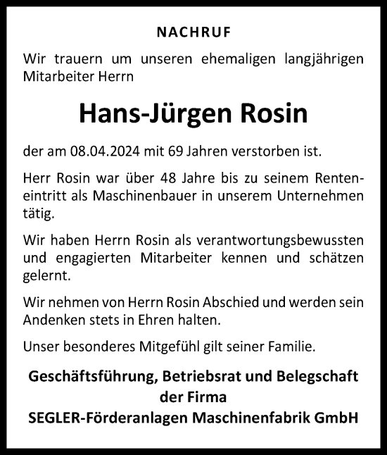 Traueranzeige von Hans-Jürgen Rosin von Neue Osnabrücker Zeitung GmbH & Co. KG