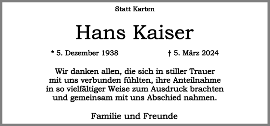 Traueranzeige von Hans Kaiser von Neue Osnabrücker Zeitung GmbH & Co. KG