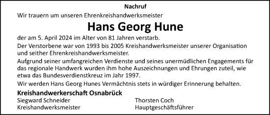 Traueranzeige von Hans Georg Hune von Neue Osnabrücker Zeitung GmbH & Co. KG