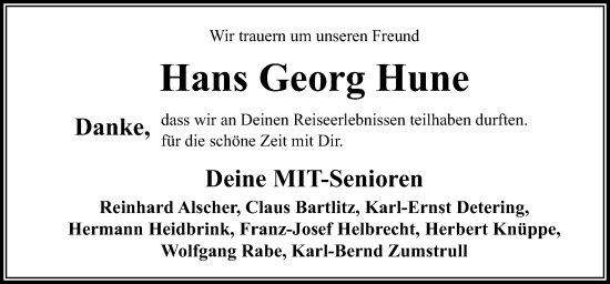 Traueranzeige von Hans Georg Hune von Neue Osnabrücker Zeitung GmbH & Co. KG