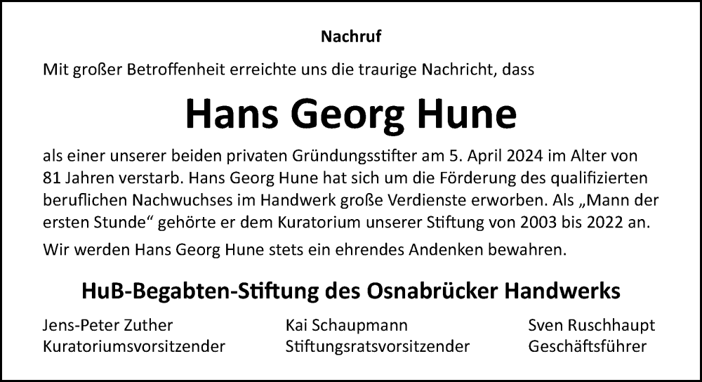  Traueranzeige für Hans Georg Hune vom 13.04.2024 aus Neue Osnabrücker Zeitung GmbH & Co. KG