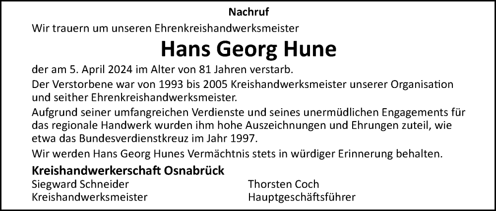  Traueranzeige für Hans Georg Hune vom 13.04.2024 aus Neue Osnabrücker Zeitung GmbH & Co. KG