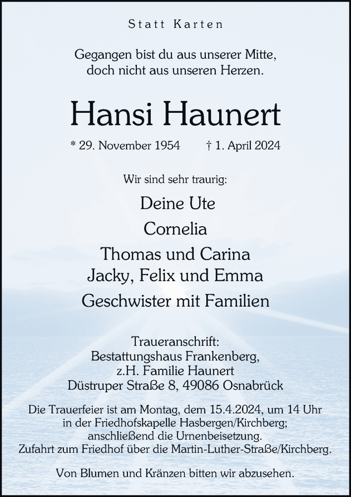  Traueranzeige für Hansi Haunert vom 05.04.2024 aus Neue Osnabrücker Zeitung GmbH & Co. KG