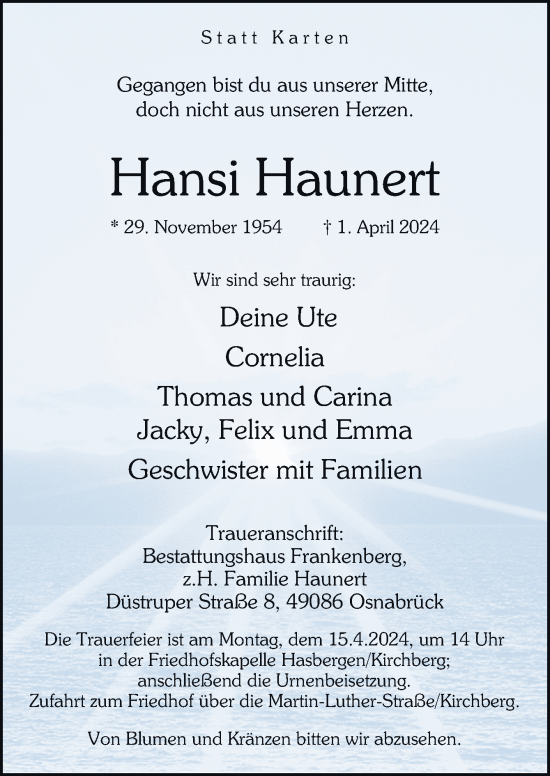 Traueranzeige von Hansi Haunert von Neue Osnabrücker Zeitung GmbH & Co. KG