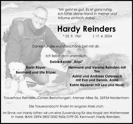 Traueranzeige von Hardy Reinders von Neue Osnabrücker Zeitung GmbH & Co. KG
