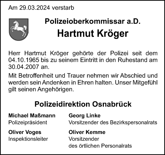 Traueranzeige von Hartmut Kröger von Neue Osnabrücker Zeitung GmbH & Co. KG