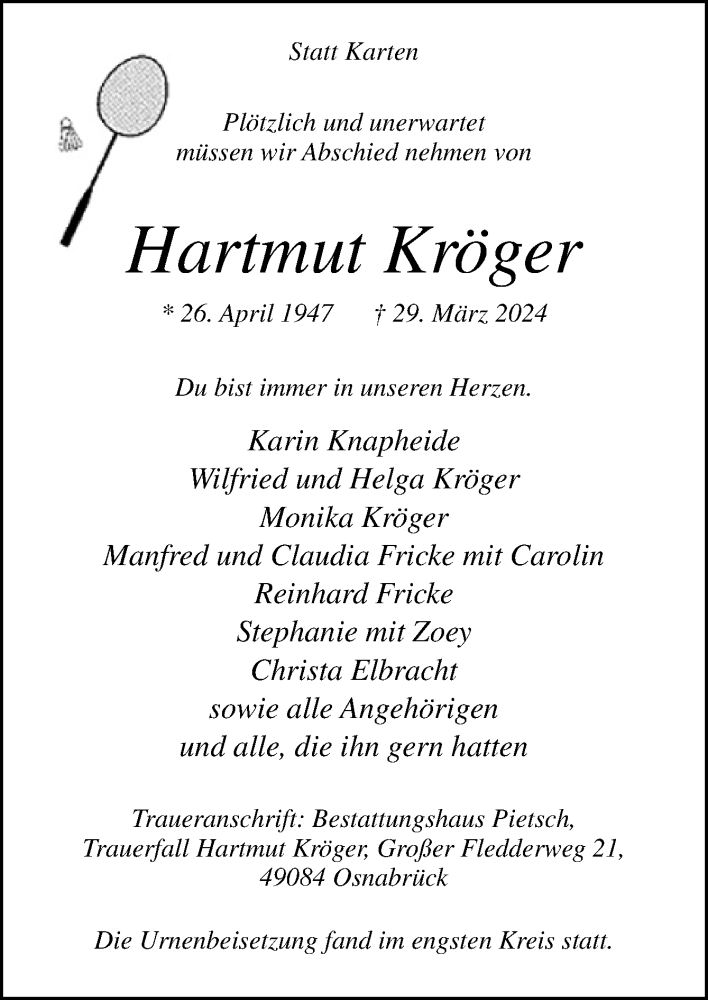  Traueranzeige für Hartmut Kröger vom 13.04.2024 aus Neue Osnabrücker Zeitung GmbH & Co. KG