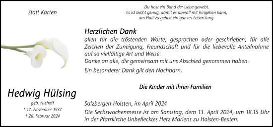 Traueranzeige von Hedwig Hülsing von Neue Osnabrücker Zeitung GmbH & Co. KG