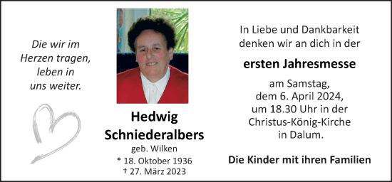 Traueranzeige von Hedwig Schniederalbers von Neue Osnabrücker Zeitung GmbH & Co. KG