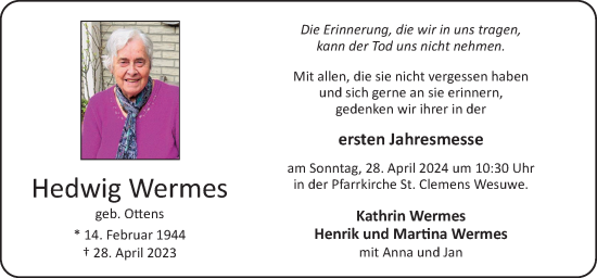 Traueranzeige von Hedwig Wermes von Neue Osnabrücker Zeitung GmbH & Co. KG