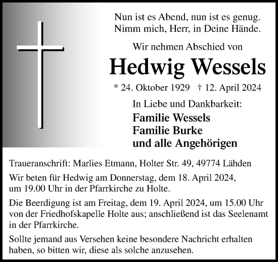 Traueranzeige von Hedwig Wessels von Neue Osnabrücker Zeitung GmbH & Co. KG