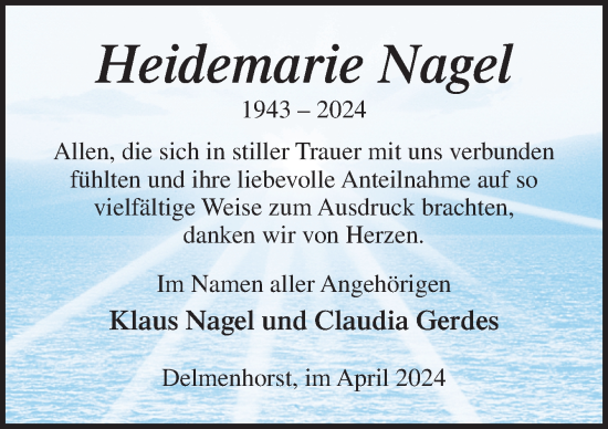 Traueranzeige von Heidemarie Nagel von DK Medien GmbH & Co. KG