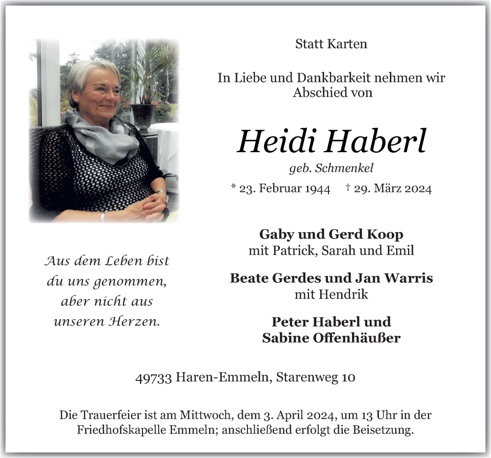  Traueranzeige für Heidi Haberl vom 02.04.2024 aus Neue Osnabrücker Zeitung GmbH & Co. KG