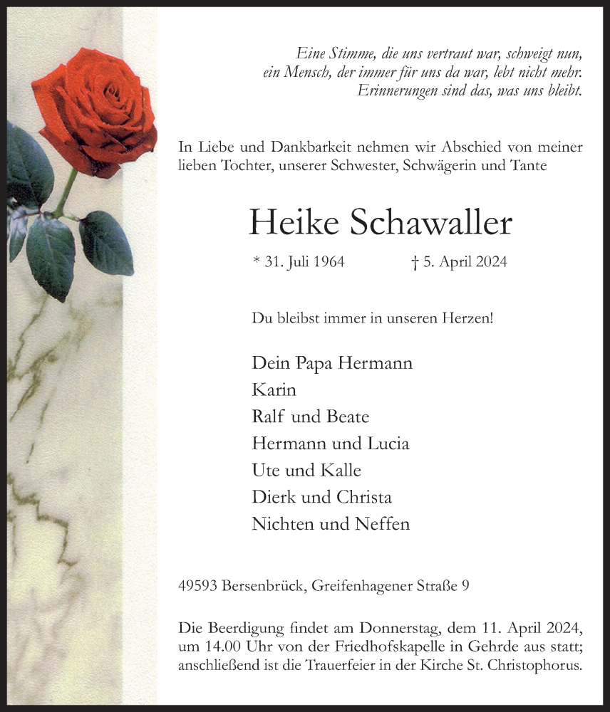  Traueranzeige für Heike Schawaller vom 09.04.2024 aus Neue Osnabrücker Zeitung GmbH & Co. KG