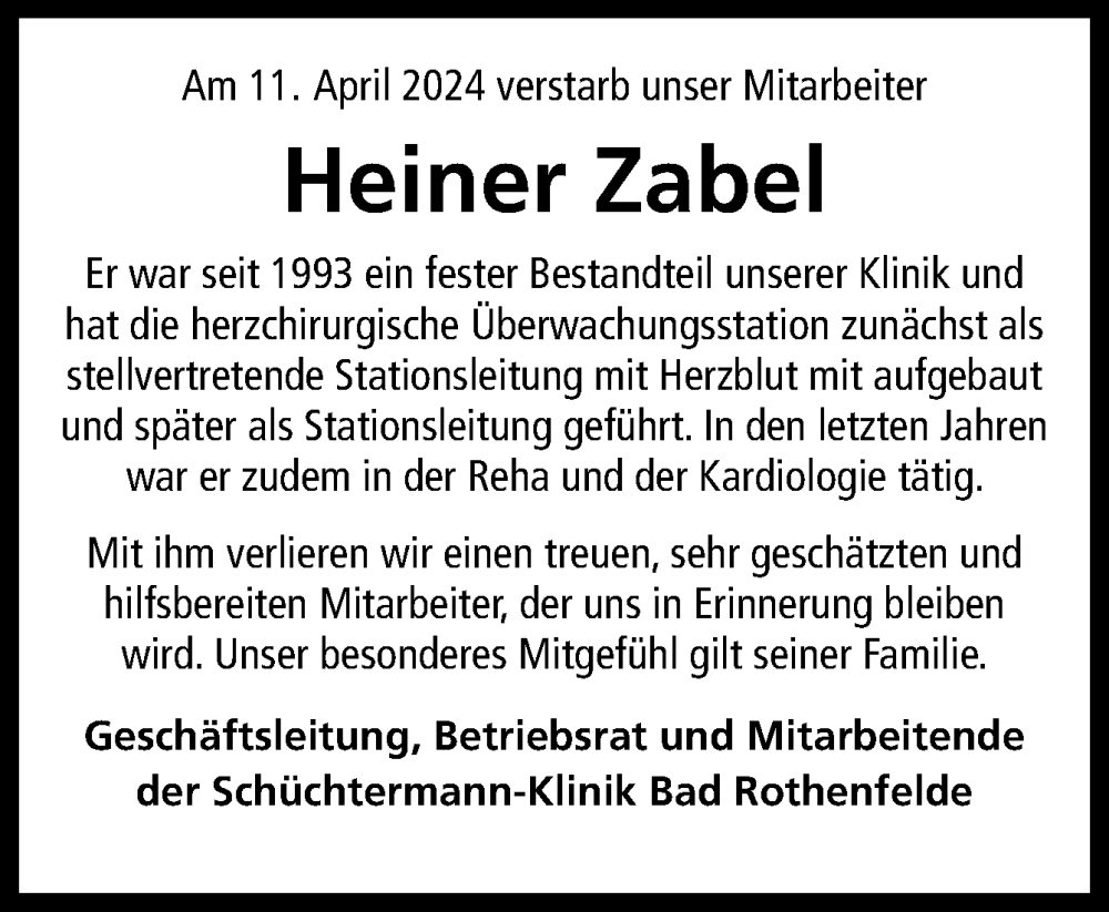  Traueranzeige für Heiner Zabel vom 20.04.2024 aus Neue Osnabrücker Zeitung GmbH & Co. KG