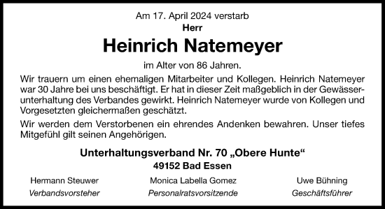 Traueranzeige von Heinrich Natemeyer von Neue Osnabrücker Zeitung GmbH & Co. KG