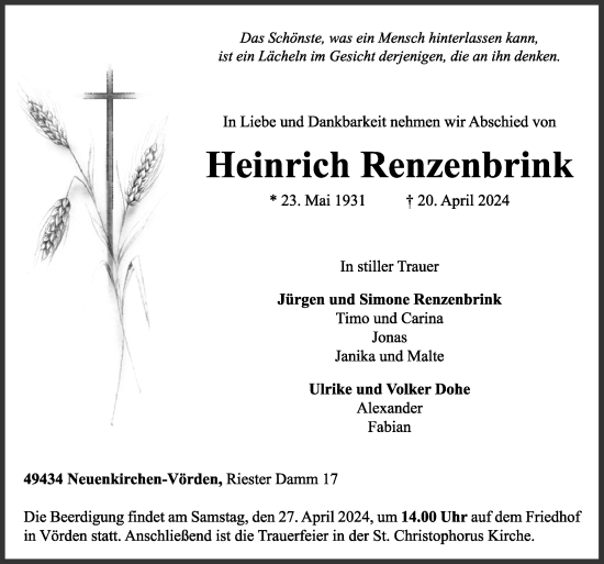 Traueranzeige von Heinrich Renzenbrink von Neue Osnabrücker Zeitung GmbH & Co. KG