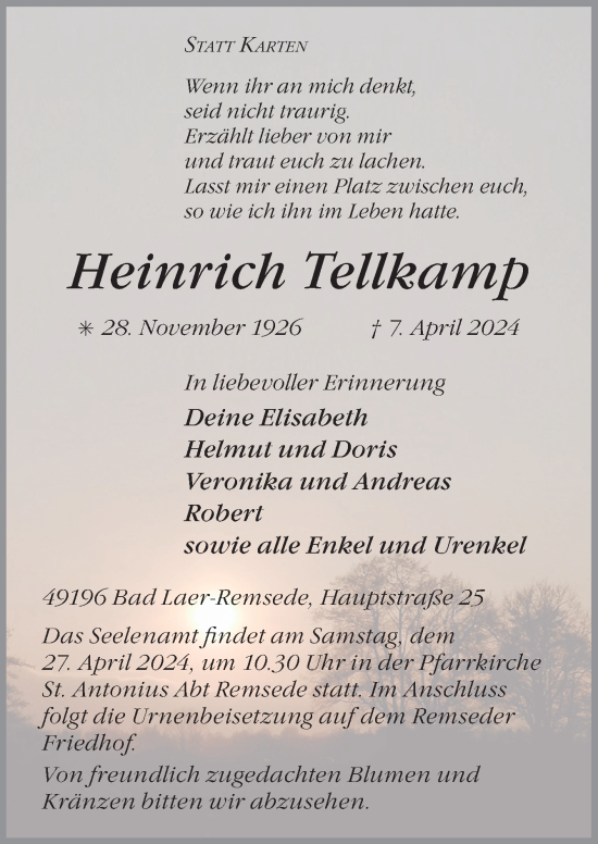 Traueranzeige von Heinrich Tellkamp von Neue Osnabrücker Zeitung GmbH & Co. KG