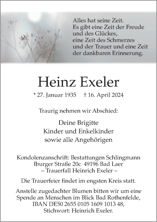 Traueranzeige von Heinz Exeler von Neue Osnabrücker Zeitung GmbH & Co. KG