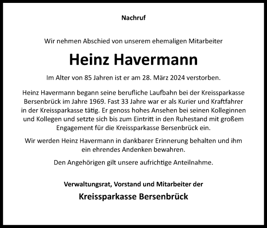 Traueranzeige von Heinz Havermann von Neue Osnabrücker Zeitung GmbH & Co. KG