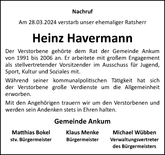 Traueranzeige von Heinz Havermann von Neue Osnabrücker Zeitung GmbH & Co. KG