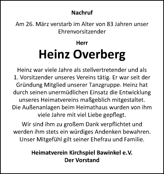 Traueranzeige von Heinz Overberg von Neue Osnabrücker Zeitung GmbH & Co. KG