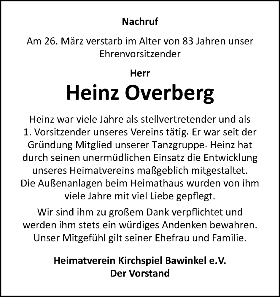  Traueranzeige für Heinz Overberg vom 03.04.2024 aus Neue Osnabrücker Zeitung GmbH & Co. KG