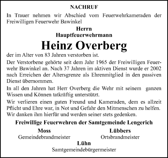 Traueranzeige von Heinz Overberg von Neue Osnabrücker Zeitung GmbH & Co. KG