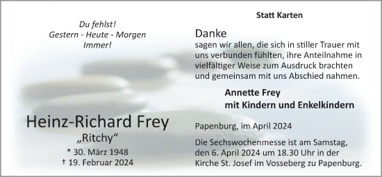 Traueranzeige von Heinz-Richard Frey von Neue Osnabrücker Zeitung GmbH & Co. KG