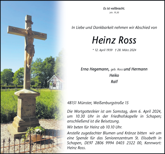 Traueranzeige von Heinz Ross von Neue Osnabrücker Zeitung GmbH & Co. KG