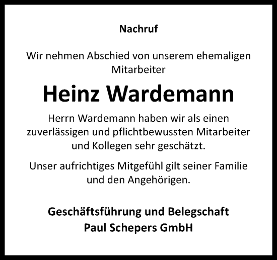 Traueranzeige von Heinz Wardemann von Neue Osnabrücker Zeitung GmbH & Co. KG