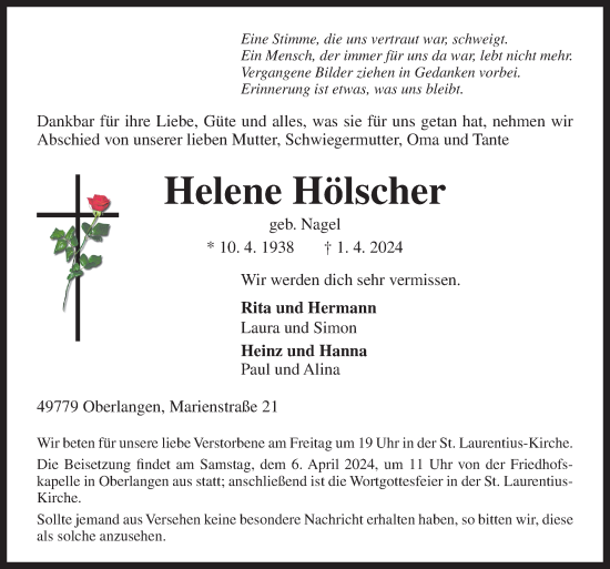 Traueranzeige von Helene Hölscher von Neue Osnabrücker Zeitung GmbH & Co. KG