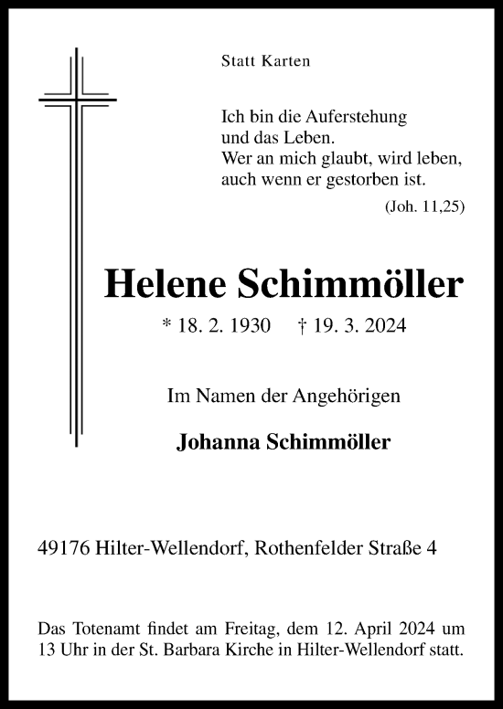 Traueranzeige von Helene Schimmöller von Neue Osnabrücker Zeitung GmbH & Co. KG