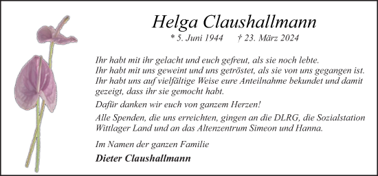 Traueranzeige von Helga Claushallmann von Neue Osnabrücker Zeitung GmbH & Co. KG