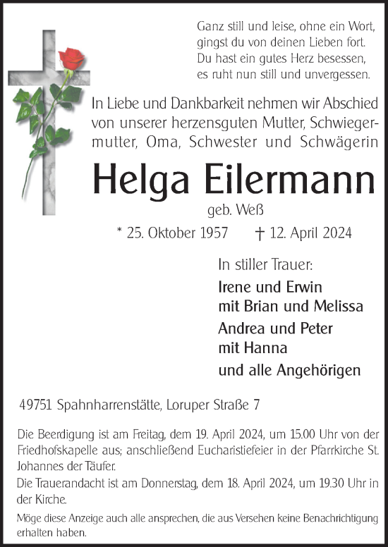 Traueranzeige von Helga Eilermann von Neue Osnabrücker Zeitung GmbH & Co. KG
