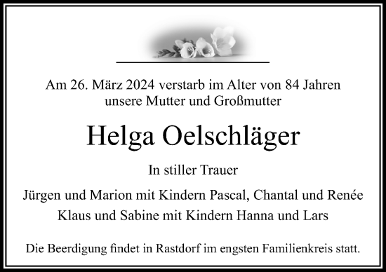 Traueranzeige von Helga Oelschläger von Neue Osnabrücker Zeitung GmbH & Co. KG