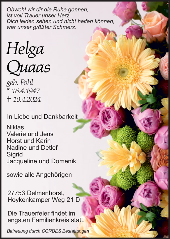 Traueranzeige von Helga Quaas von DK Medien GmbH & Co. KG