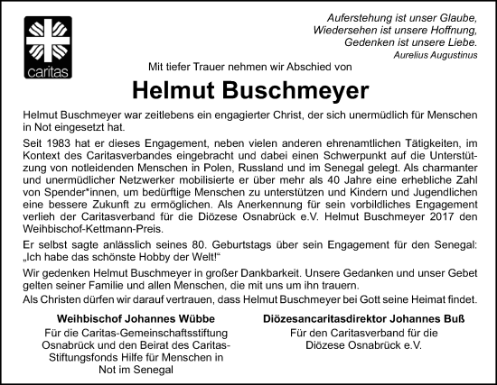 Traueranzeige von Helmut Buschmeyer von Neue Osnabrücker Zeitung GmbH & Co. KG
