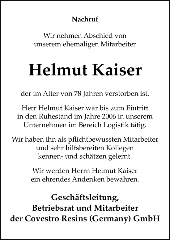 Traueranzeige von Helmut Kaiser von Neue Osnabrücker Zeitung GmbH & Co. KG