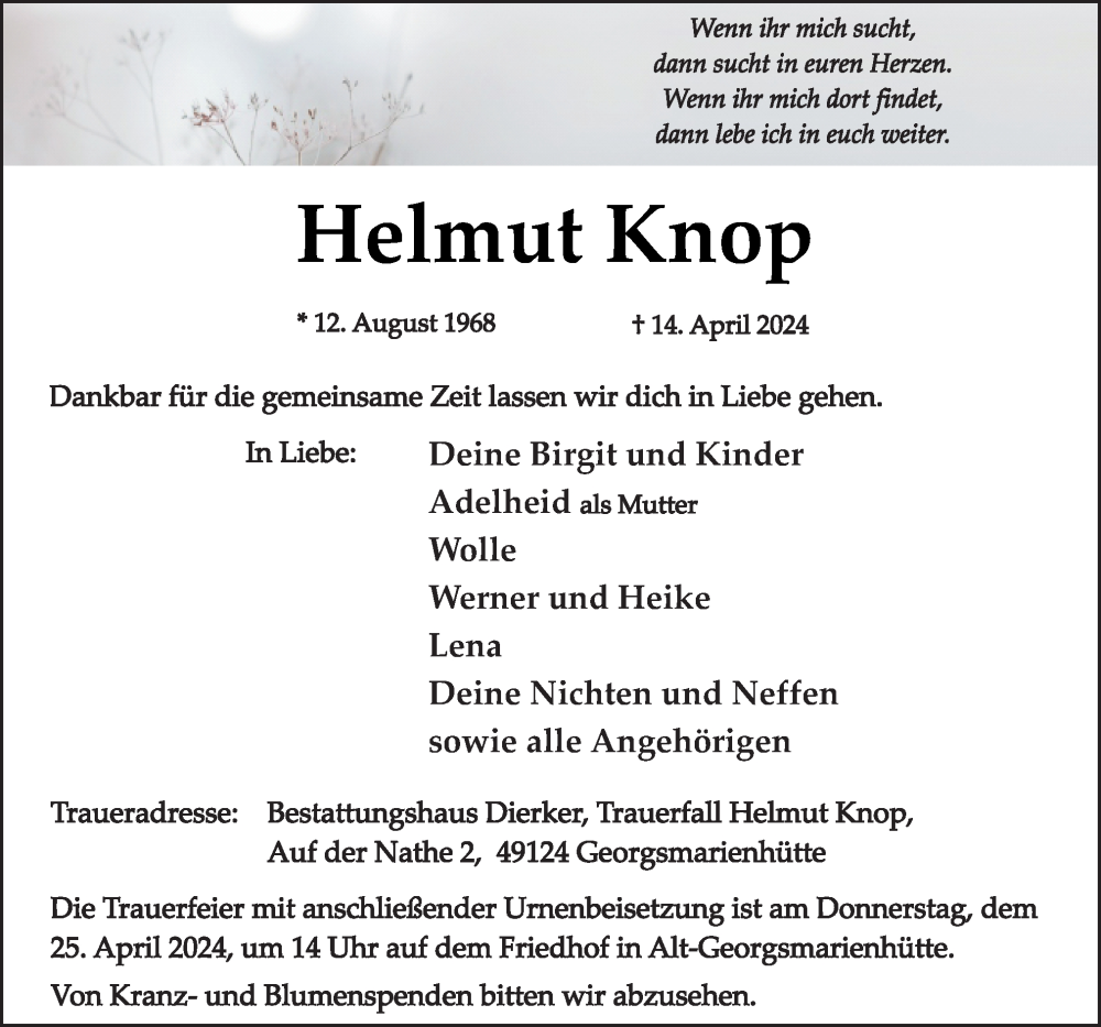 Traueranzeige für Helmut Knop vom 20.04.2024 aus Neue Osnabrücker Zeitung GmbH & Co. KG