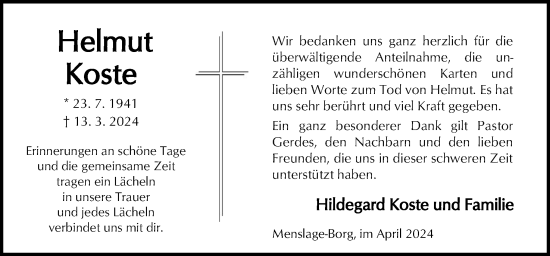 Traueranzeige von Helmut Koste von Neue Osnabrücker Zeitung GmbH & Co. KG