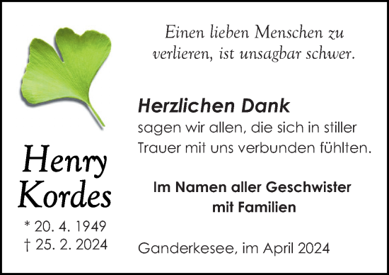 Traueranzeige von Henry Kordes von DK Medien GmbH & Co. KG