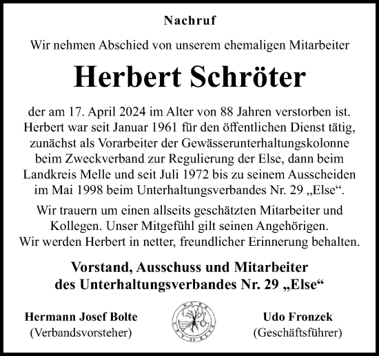 Traueranzeige von Herbert Schröter von Neue Osnabrücker Zeitung GmbH & Co. KG