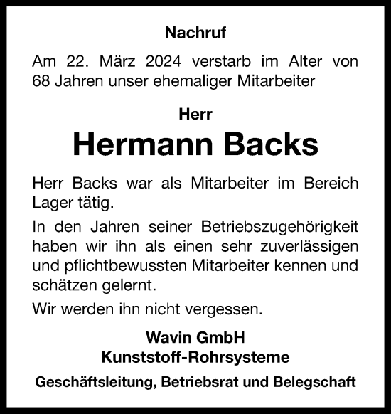 Traueranzeige von Hermann Backs von Neue Osnabrücker Zeitung GmbH & Co. KG