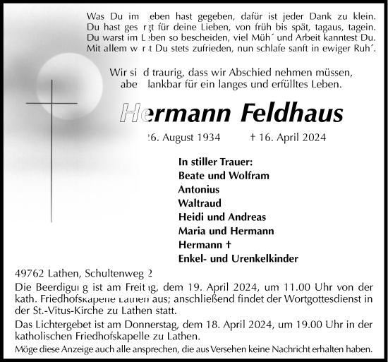 Traueranzeige von Hermann Feldhaus von Neue Osnabrücker Zeitung GmbH & Co. KG