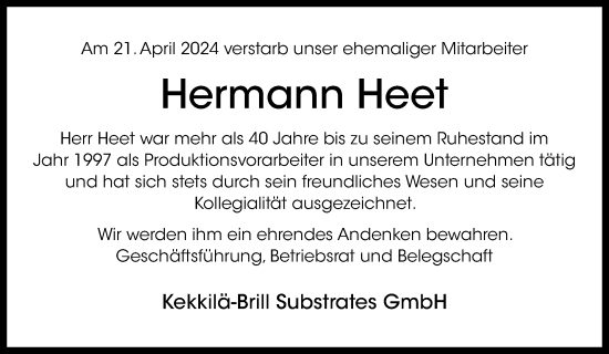 Traueranzeige von Hermann Heet von Neue Osnabrücker Zeitung GmbH & Co. KG