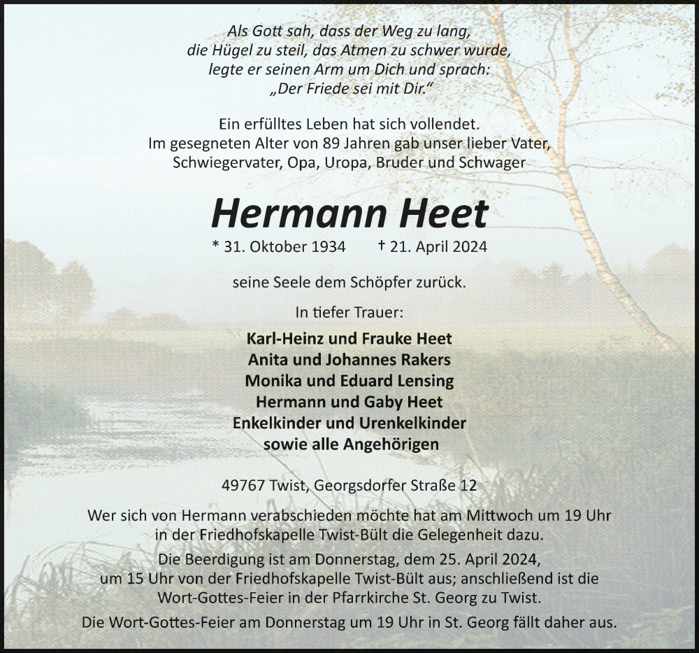  Traueranzeige für Hermann Heet vom 23.04.2024 aus Neue Osnabrücker Zeitung GmbH & Co. KG